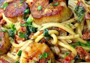 Creamy Tuscan Spaghetti with Jumbo Scallops