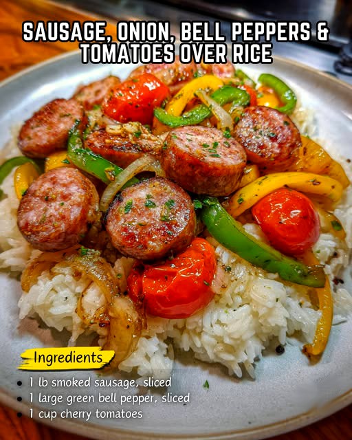 Sausage, Onion, Bell Peppers & Tomatoes over Rice