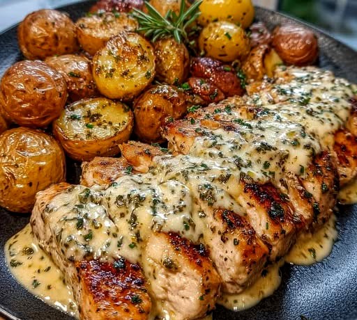 Creamy Garlic Chicken with Roasted Baby Potatoes
